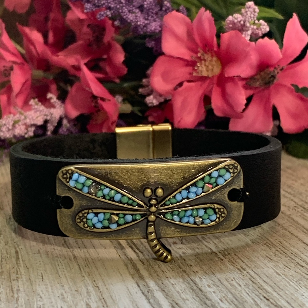Leather dragonfly bracelet strong magnetic clasp